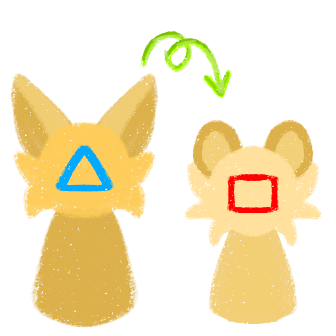  two stylized drawings of animal-like figures facing forward. The figure on the left has large, pointed ears and a blue triangle on its face, while the figure on the right has rounded ears and a red rectangle on its face. A green squiggly arrow above the two figures points from left to right.